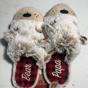 Dearfoams Papa Bear Mens Clog Slippers Brown Faux Fur Buffalo Plaid Medium 9-10